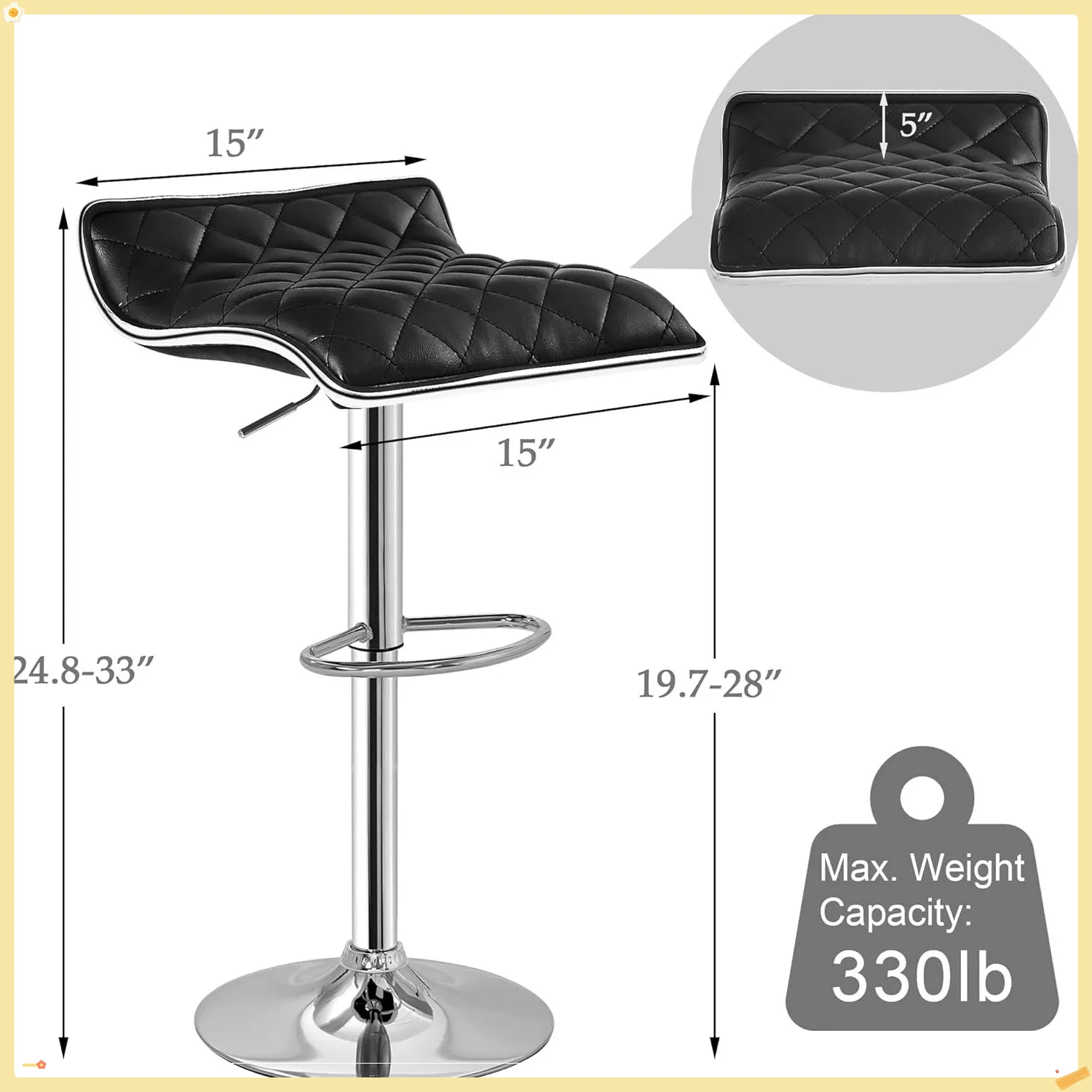 Adjustable Swivel Bar Stools Set of 2, Modern Kitchen Counter Stools for Small Space, Home Bar, Cafe