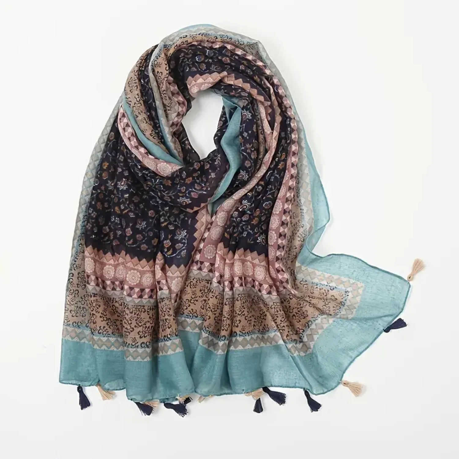 Ethnic Print Tassel Turban Scarf in Cotton and Linen, Women's Retro Fashion Shawl for Warmth and Style