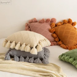 Soft Knit Cushion Cover 45x45cm Boho Style Ivory Green Pink Tassles Home Decoration Pillow Cover for Living room Bedroom