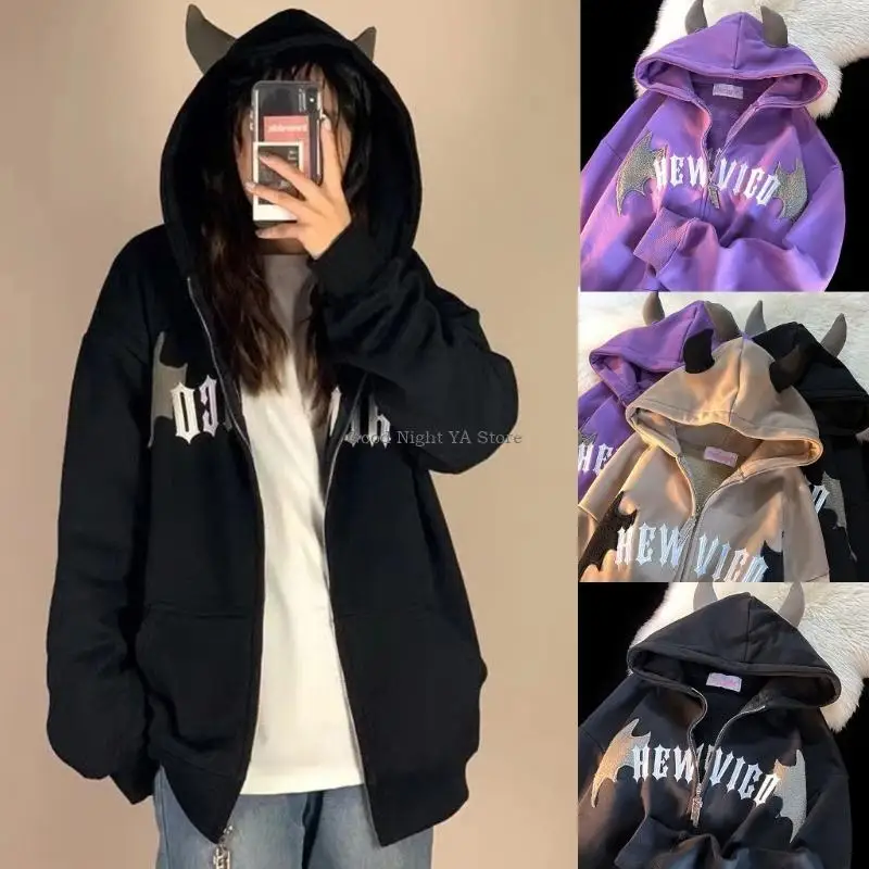 Comfortable and Trendy Women Harajuku Devil Wing Hoodie Oversized Long Sleeve Gothic Hooded Zipper Sweatshirt