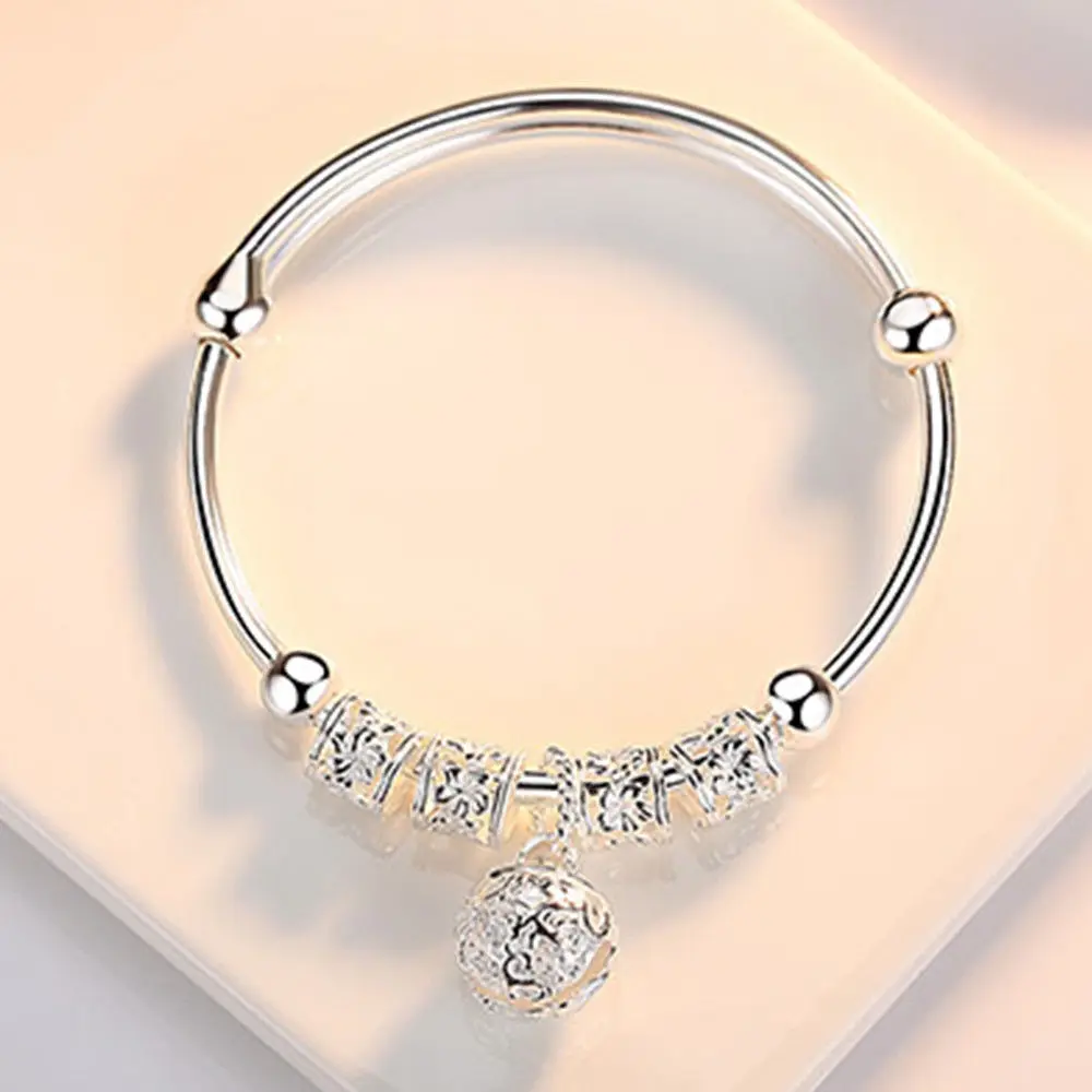 925 Sterling Silver hollow Bells ball bangles adjustable Bracelets for Women Fashion Holiday gifts Party wedding Jewelry