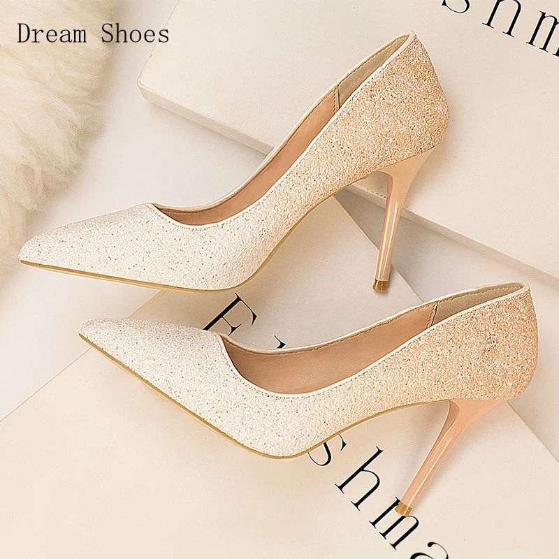 

Элегантные американские женские туфли на тонком каблуке, сексуальные туфли на высоком каблуке с острым градиентом и блестками, одинарные туфли для ночного клуба 9 см для похудения