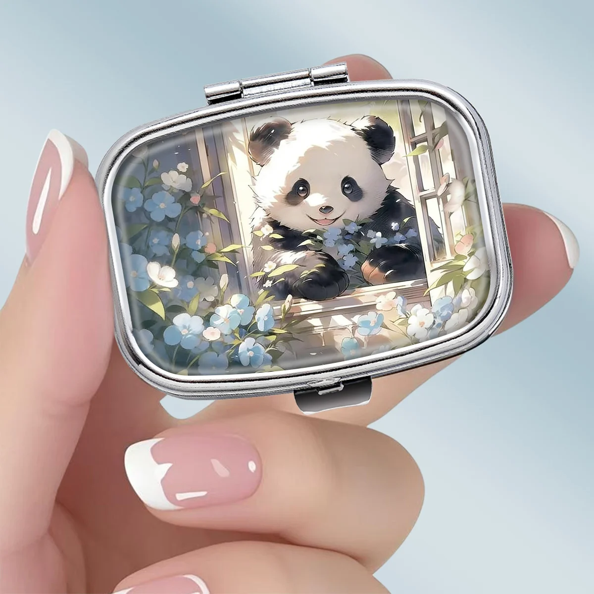 1PC Panda Cub Fresh Scene Pattern Square 2-Compartment Pill Box - Portable Medicine and Vitamin Storage Box, suitable for hand-carrying or travel use, unique small gift, wallet pill box