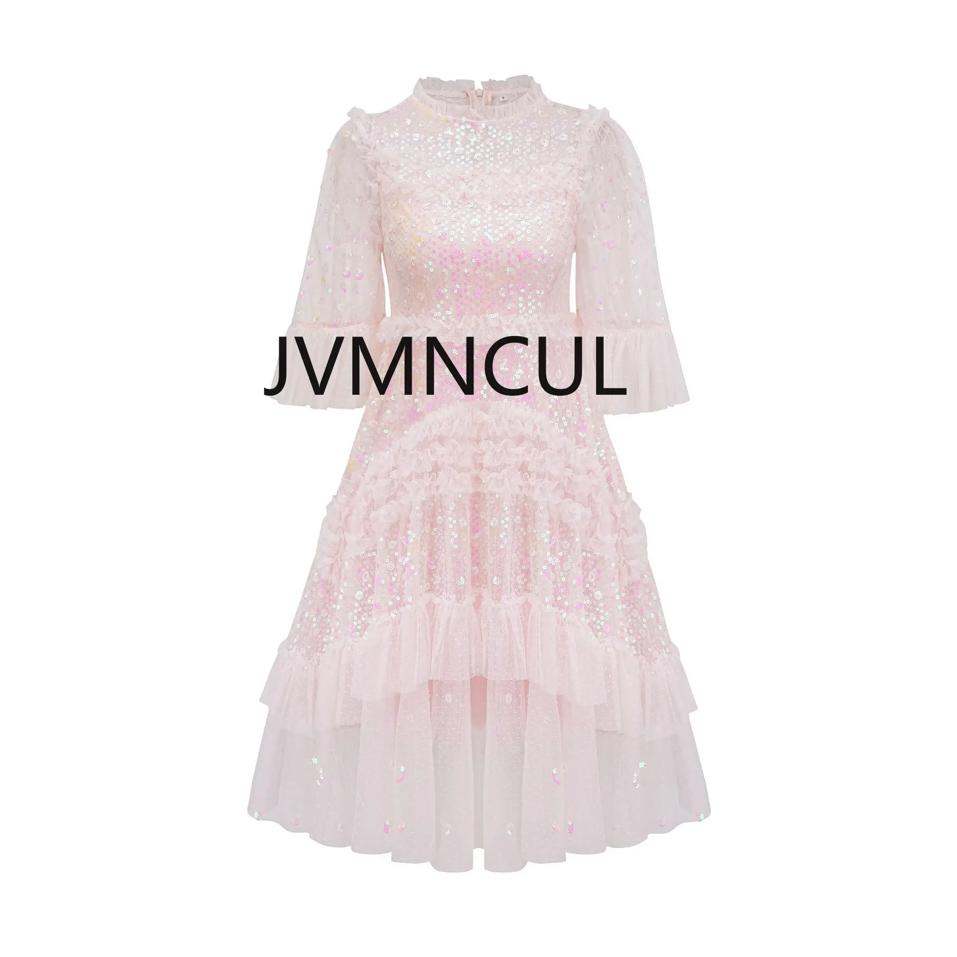 Glinsterende A-lijnjurk voor feesten 2025, Europese en Amerikaanse zware mini-jurk met ronde hals voor feesten