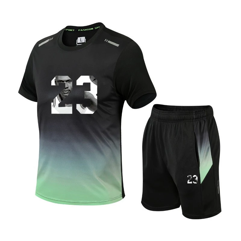 New Summer Short Sleeve T-Shirt Set Men Quick Dry T-shirt + Shorts Male Fitness Competition Training T-shirt sportswear Male