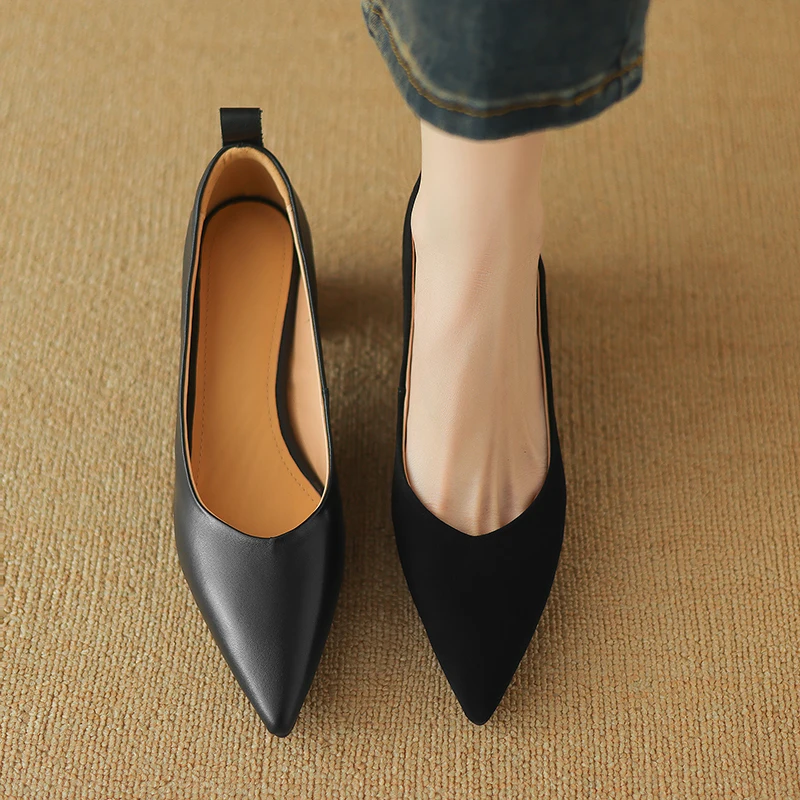 2026 new spring autumn women pumps natural leather plus size 22-26cm cowhide/kid suede+pigskin pointed toe women shoes