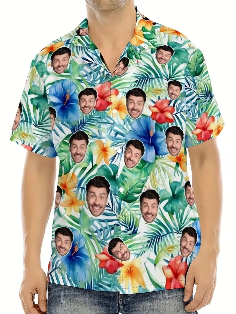 

Custom Face Tropical Hawaiian Shirt For Men Personalized Photo Floral Print Button Down Short Sleeve Beach Shirt For Vacation