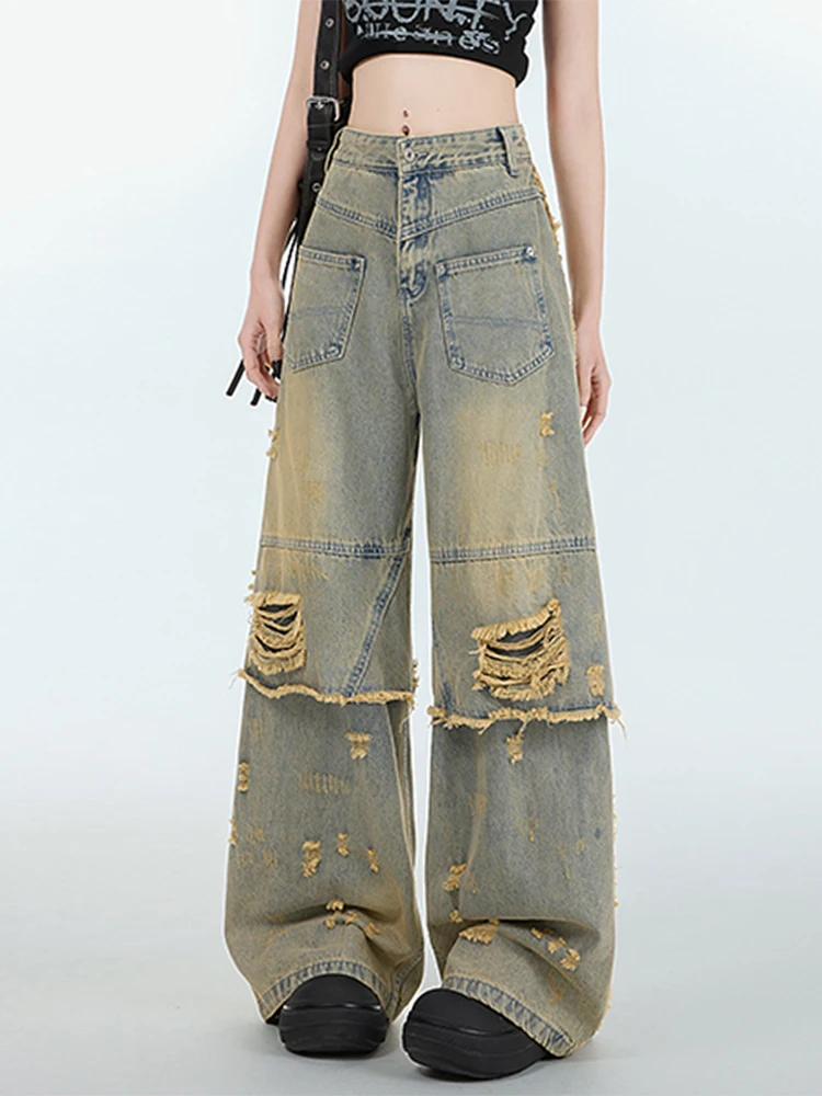 Large Size 2XL-6XL American Personality Street Women Wide-leg Jeans Temperament Retro High Waist Loose Ripped Straight Trousers - Image 3