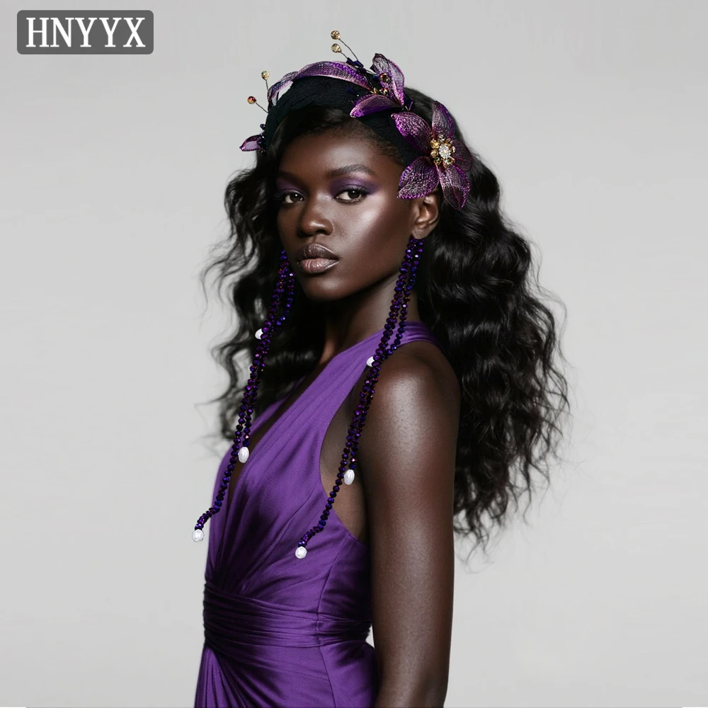 

HNYYX Alloy Flowers Hair Hoop Baroque Thick Sponge Headband Long Tassel Purple Luxury Headwear Autumn Winter Hair Accessory A370