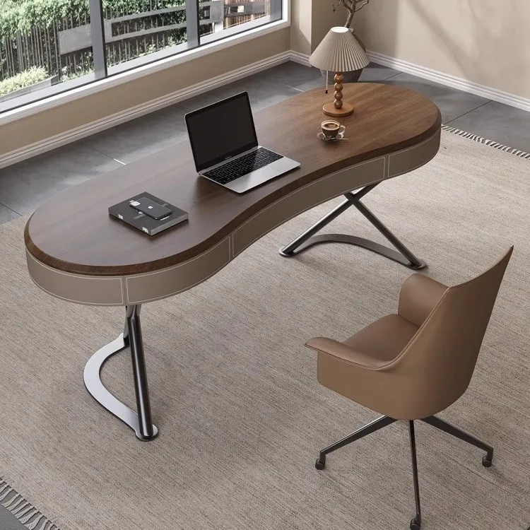 High-end solid wood desk light luxury modern simple saddle leather home study bedroom walnut leather office computer desk