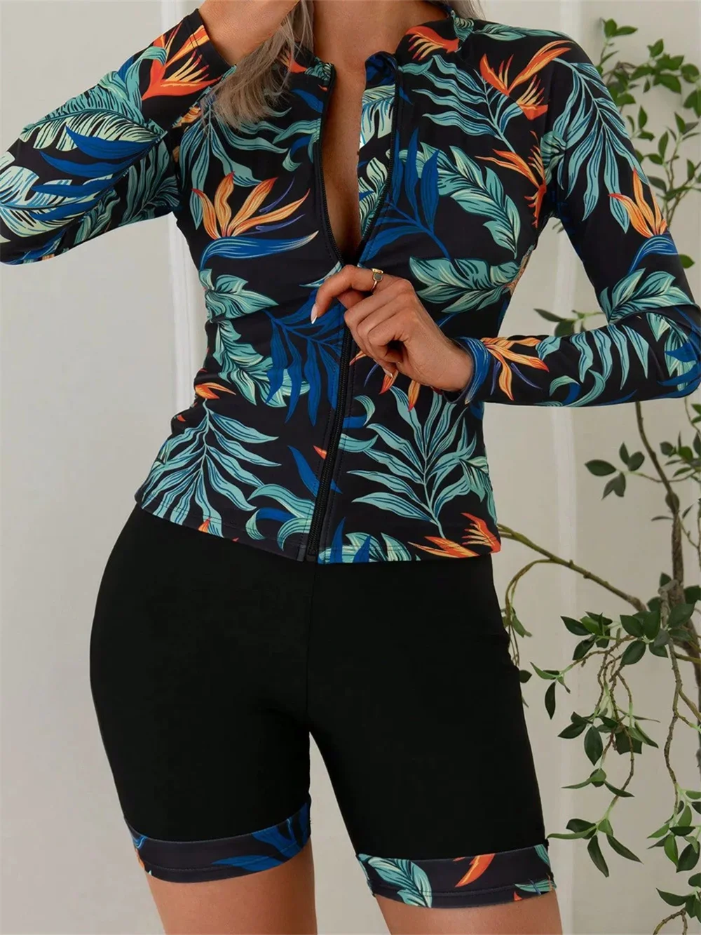 Sexy Zipper Bikini Leaf Print Tankini Sports Shorts Swimsuit Women 2 Piece Long Sleeve Holiday Swimwear Beach Outfit Swim Trunks