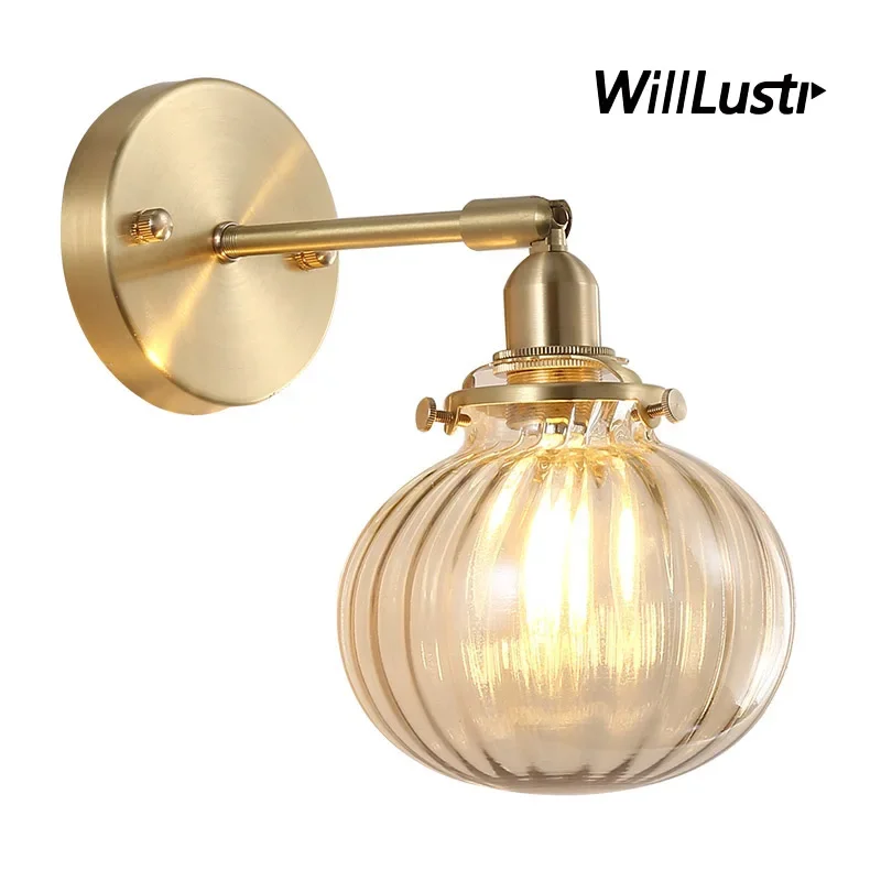 

Brass Wall Lamp Green Clear Glass Pumpkin Sconce Hotel Cafe Porch Corridor Bedside Bathroom Japan Style Mirror Lighting