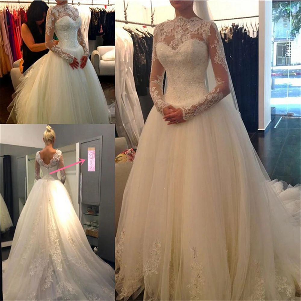 ZJ9006 Customized 2025 New V Neck Lace White Ivory Long Sleeve Wedding Dresses For Brides Plus Size Maxi Size