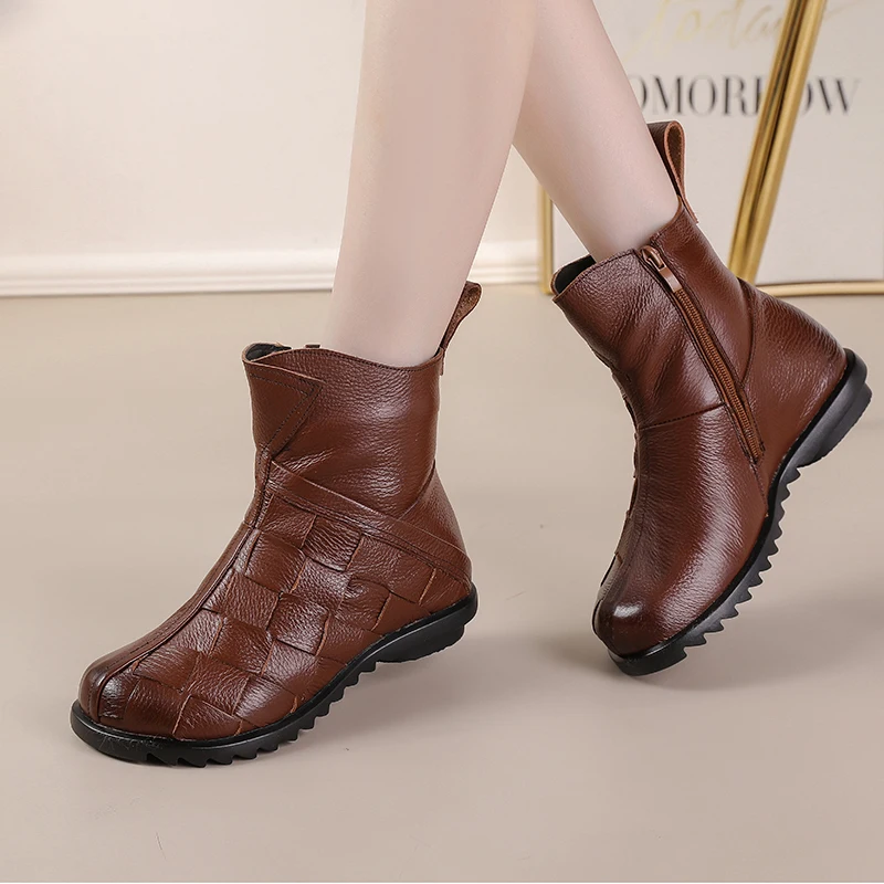 New Genuine Leather Ankle Boot Big Size 42 Women\'s Winter Woven Roman Shoes Designer Plait Chelsea Boot Woman Warm Plush Booties