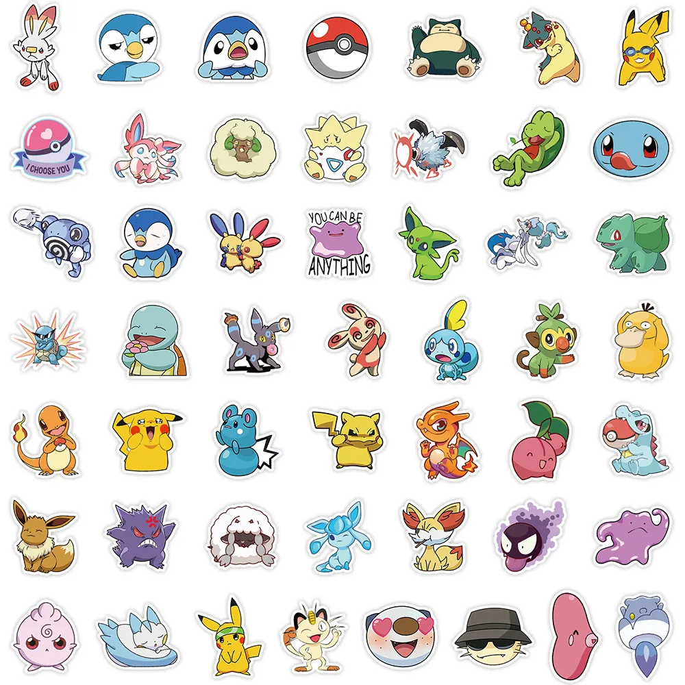 50 pçs kawaii pikachu pokemon adesivos para portátil telefone mala skate guitarra bonito dos desenhos animados adesivos presente do miúdo brinquedos