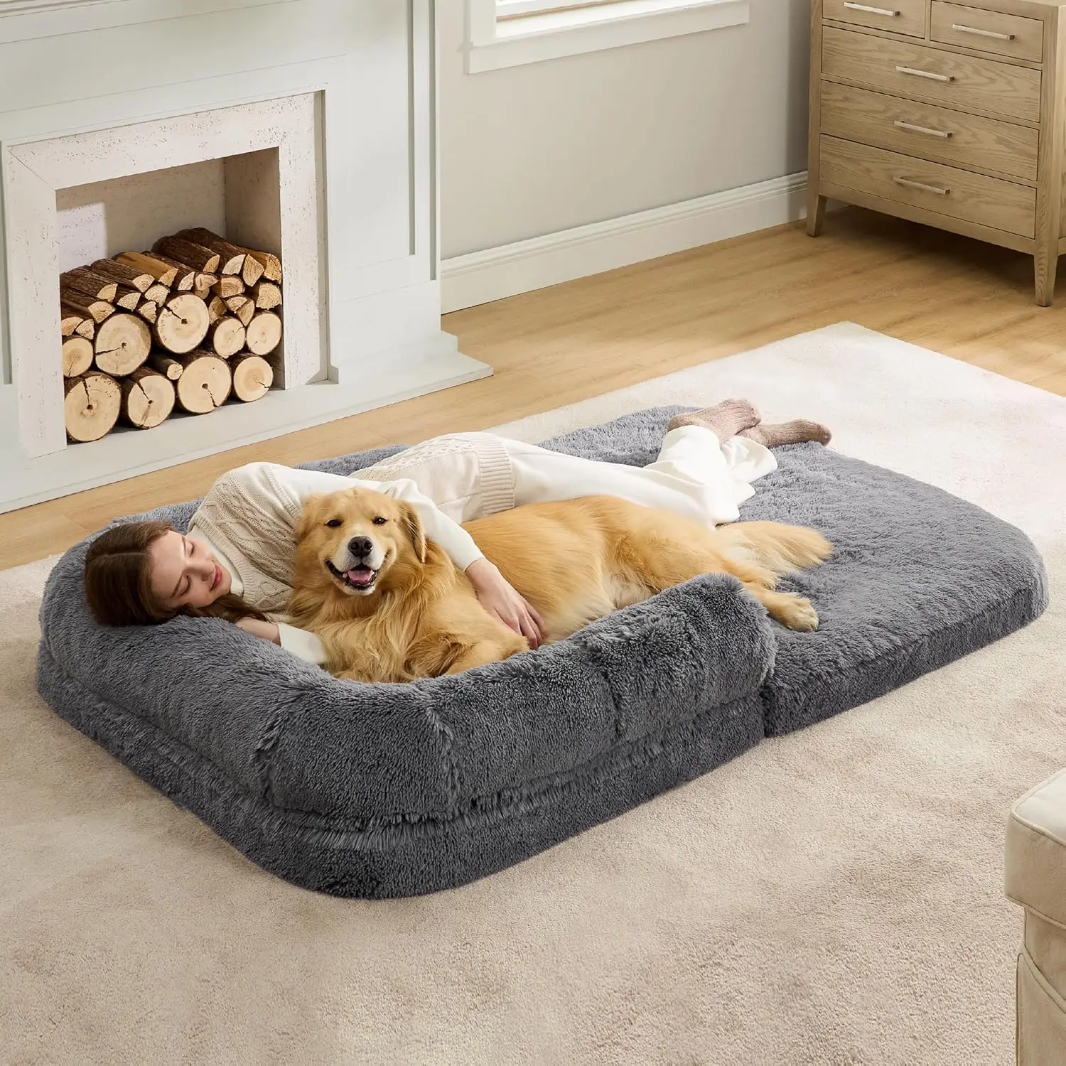 Foldable Human Dog Bed for People Adults, 2 in 1 Calming Human Size Giant Dog Bed Fits Pet Families with Egg Foam, Dark Grey