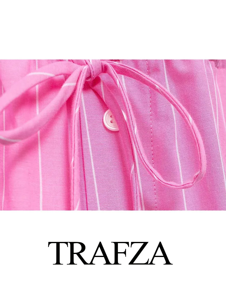 TRAFZA Fashion Women Chic Pink Stripe High Waist Wide Leg Pants Woman Drawstring Buttons Side Pocket Slim Casual Trousers Traf