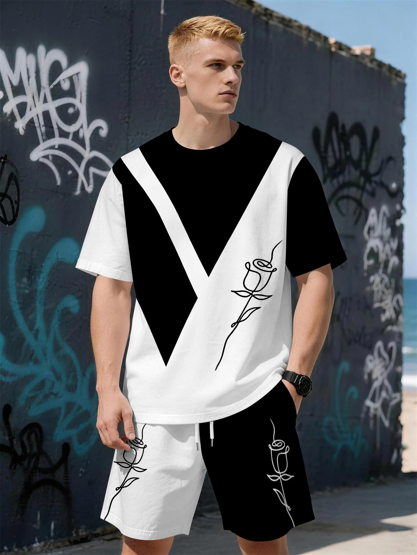 

2026 Summer New Men's Short-Sleeved Set with 3D Rose Pattern Print - Street Casual Fashion Comfortable and Soft