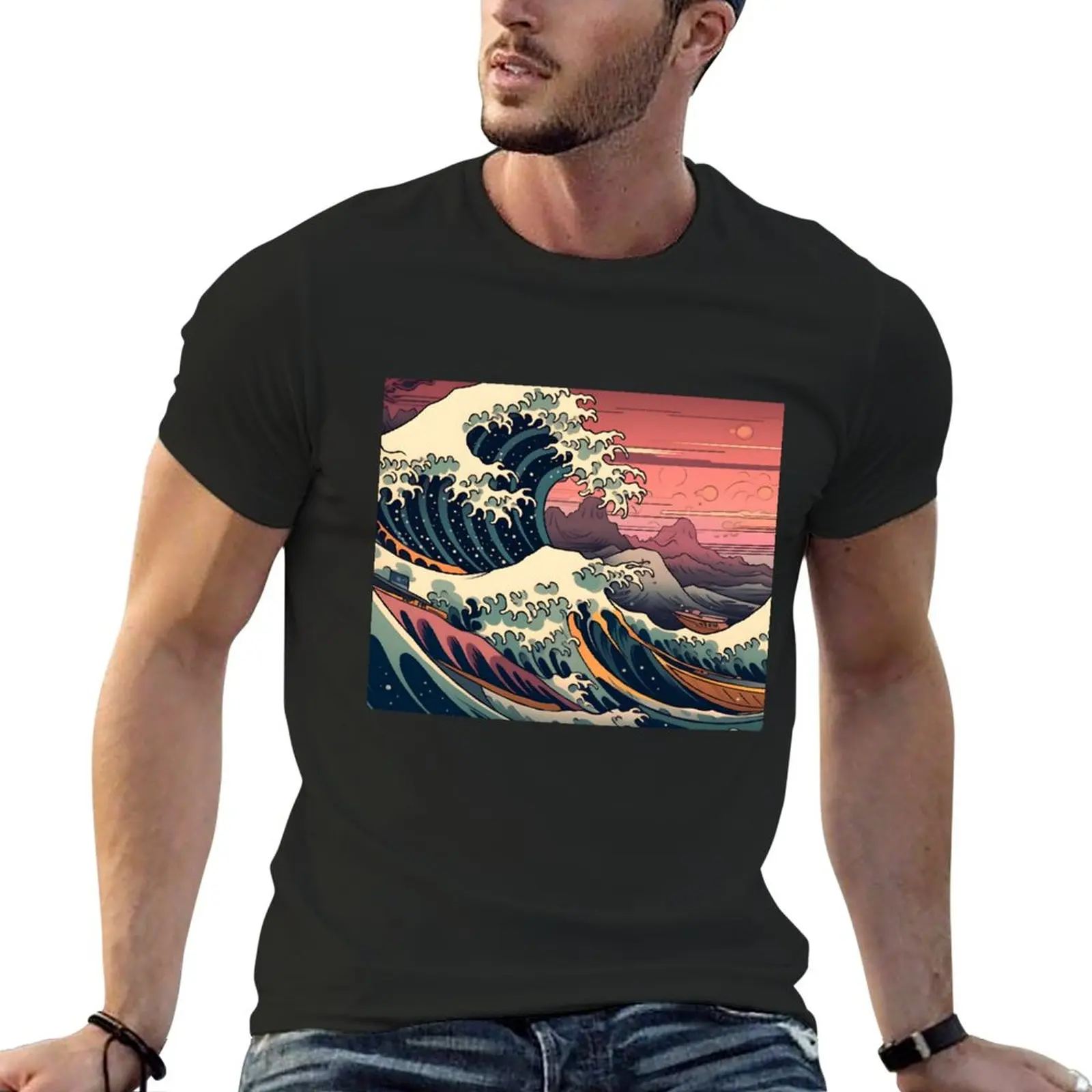 New Big wave sunset T-Shirt korean fashion oversized t shirts summer clothes anime mens t shirts casual stylish