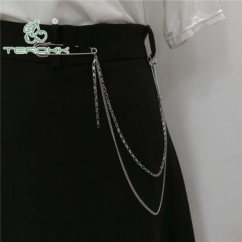 جديد الشرير مزدوجة الطبقات السراويل سلسلة مع بروش دبوس للنساء الرجال الهيب هوب الخصر سلسلة فستان مجوهرات القوطية روك اكسسوارات