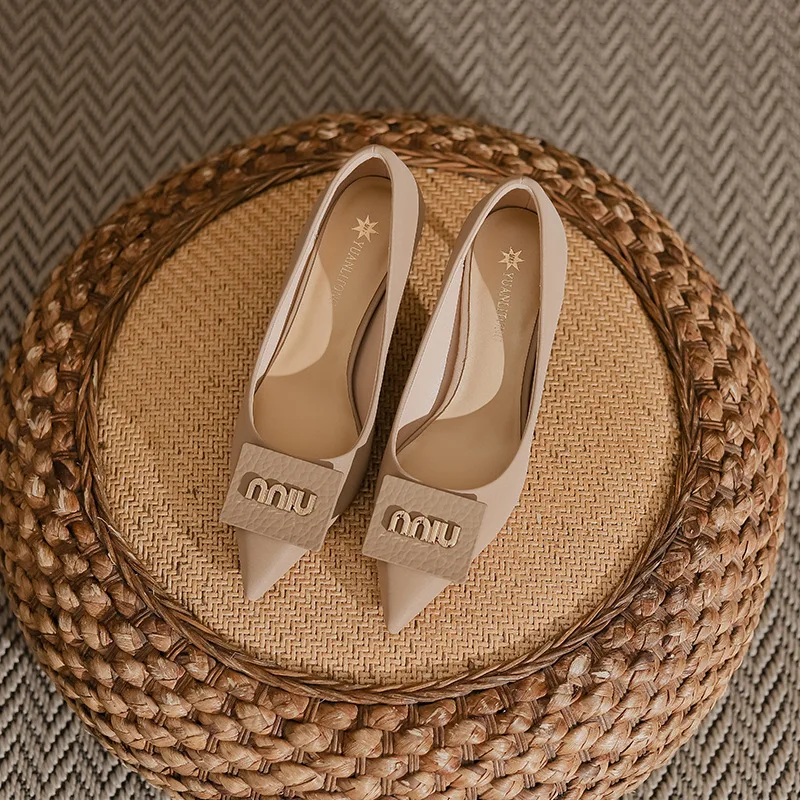 

2025 High Quality New Summer Shallow Single Shoes 7cm Square Buckle Soft Leather Comfortable Thin Heel Women's High Heels