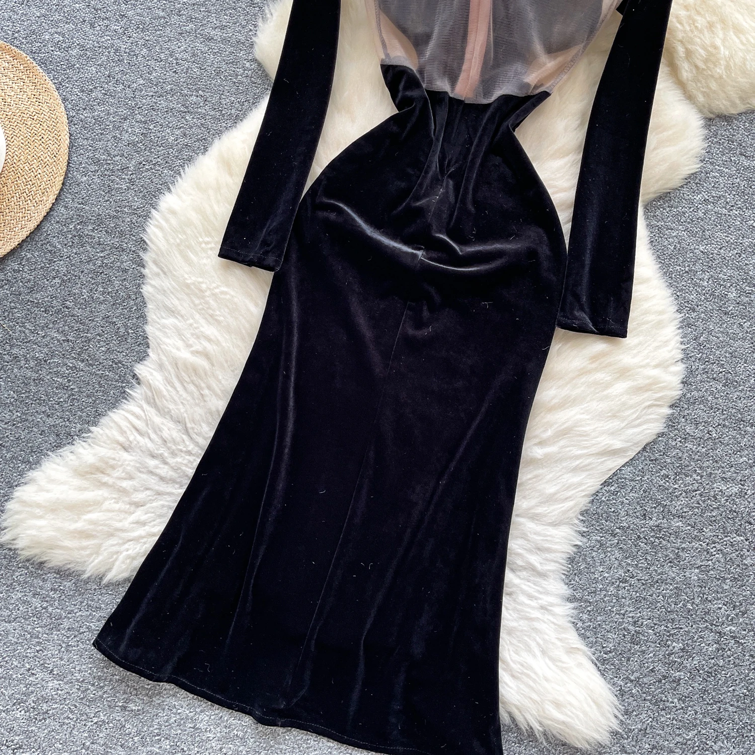 Seksowna, elegancka sukienka z weluru, asymetryczna, z siateczką, szykowna, vintage, damska, codzienna, odzież damska w stylu high street.