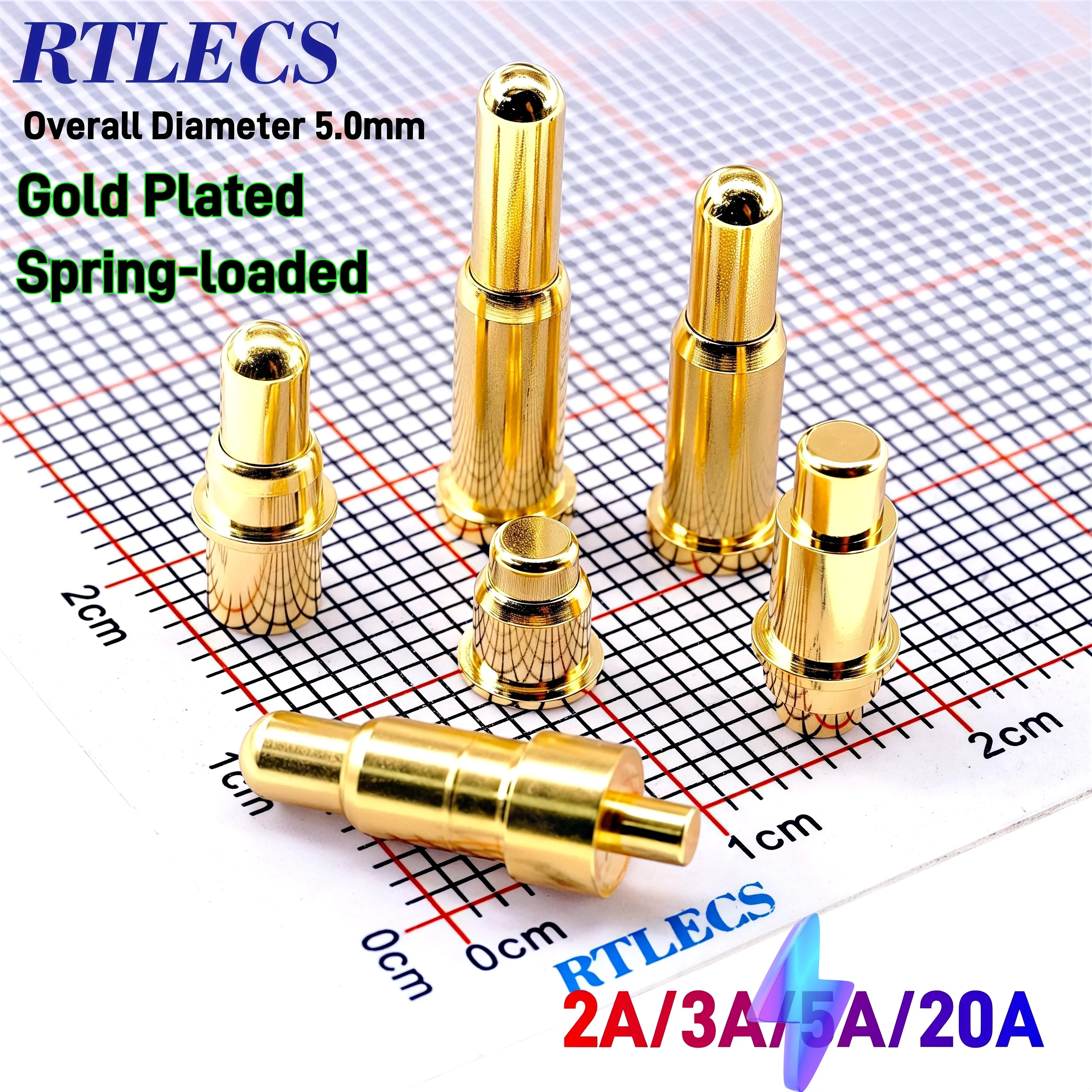 Pogo Pin Connectors 5.0mm Outer Diameter High Current 1A 2A 5A 20A Spring Loaded Gold Plated for Electronics