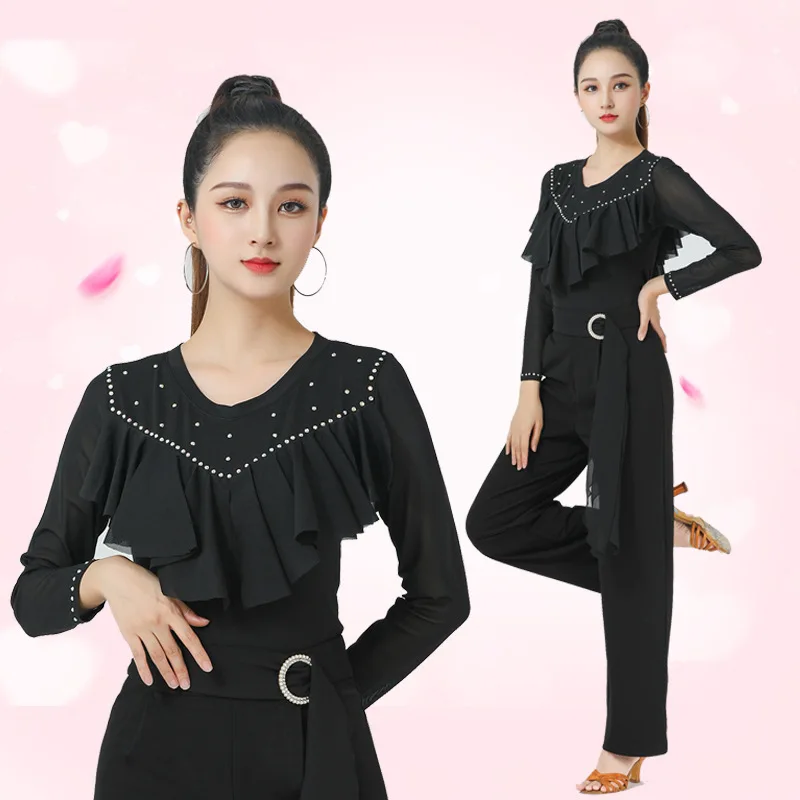 

Женская танцевальная одежда с рюшами для бальных танцев, топ или брюки для латинских танцев со стразами, стандартное национальное современное танцевальное обучение, выступление