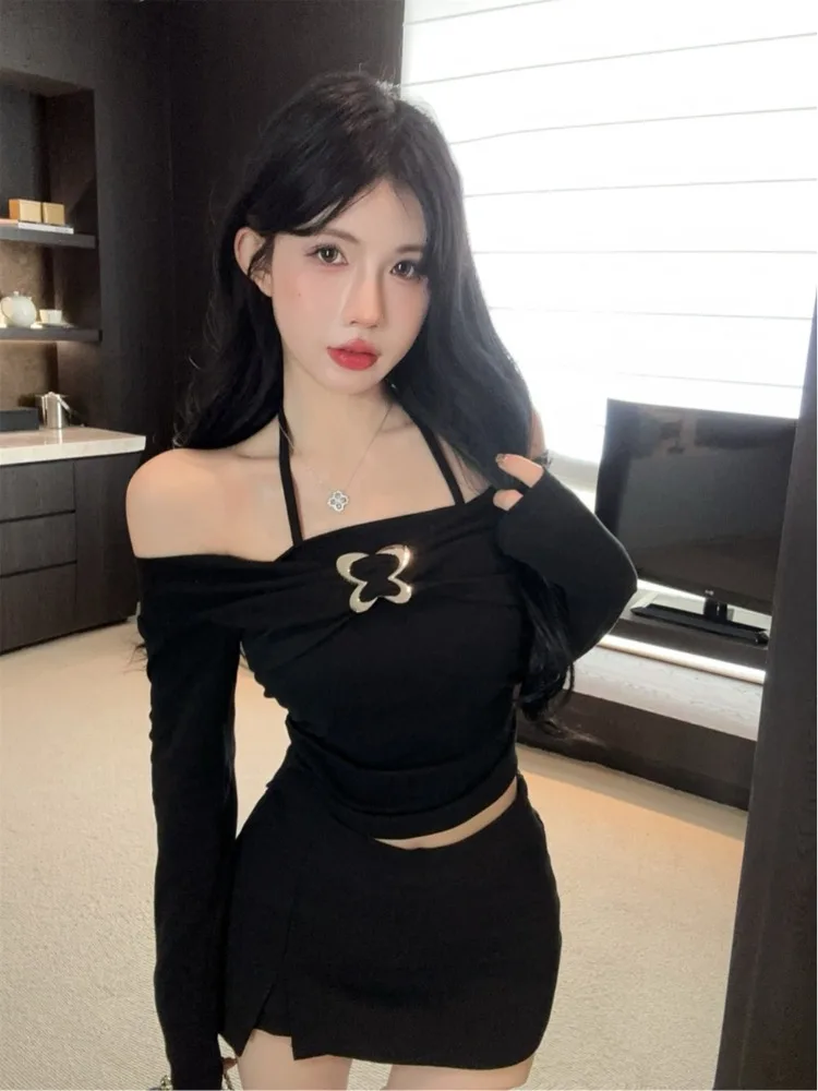 

Spicy Girl Design Shoulder Baring Long Sleeve T Shirt Women's Autumn High End Slimming Casual Base Layer Top