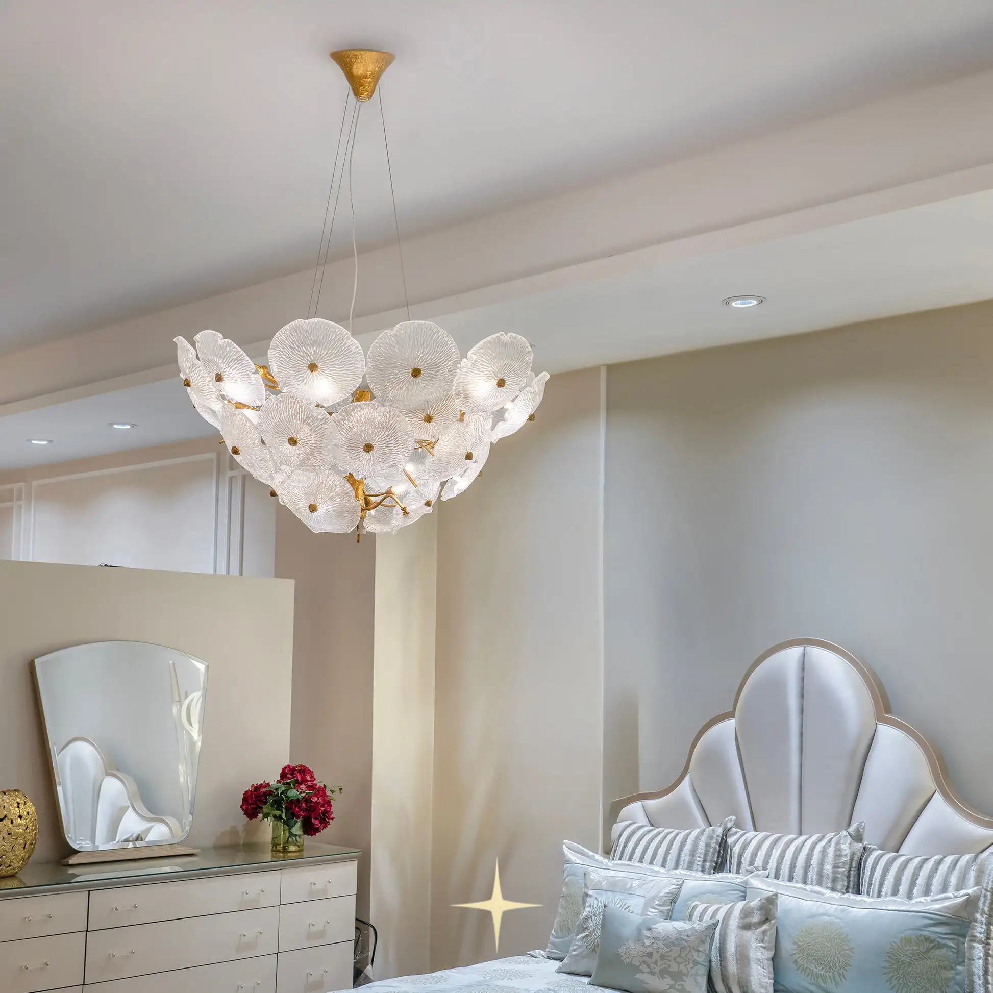Luxury Clear Glass Chandelier For Living Room Villa Kitchen Table Gold Round Floral Pendant Light LED Ceiling Hanging Lamp