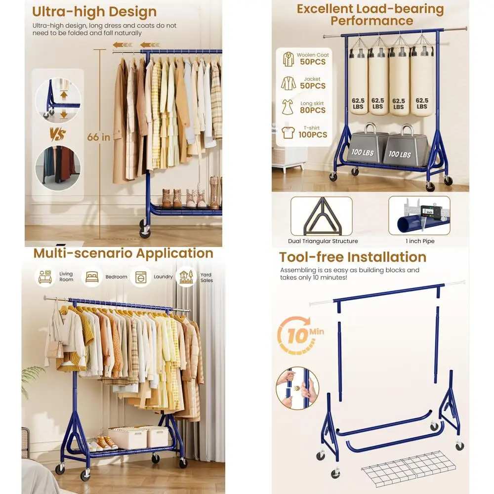 Sturdy Metal Rolling Clothes Rack, 450 lbs Capacity, Lockable Wheels, Navy Blue for Bedroom Wardrobe