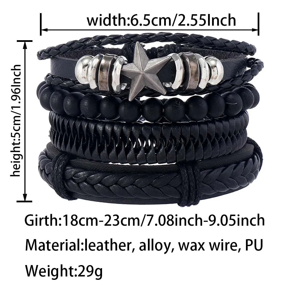 Trendy Black Men's Minimalist Bracelet Alloy Five Pointed Star Beaded Leather Bracelet Combination Set Of Four Party Accessories image 4