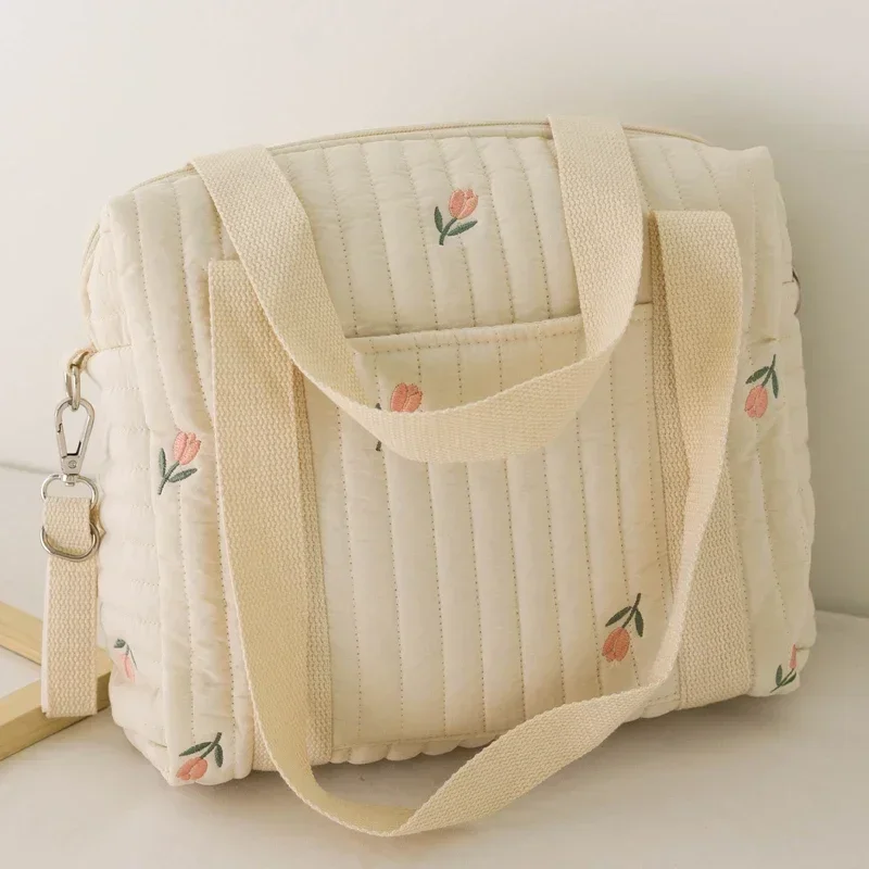 Bolsa de pañales para cochecito de bebé con bonito oso, bolso de mamá con bordado de flores de Corea, bolso de hombro de maternidad suave, organizador de pañales portátil para bebé