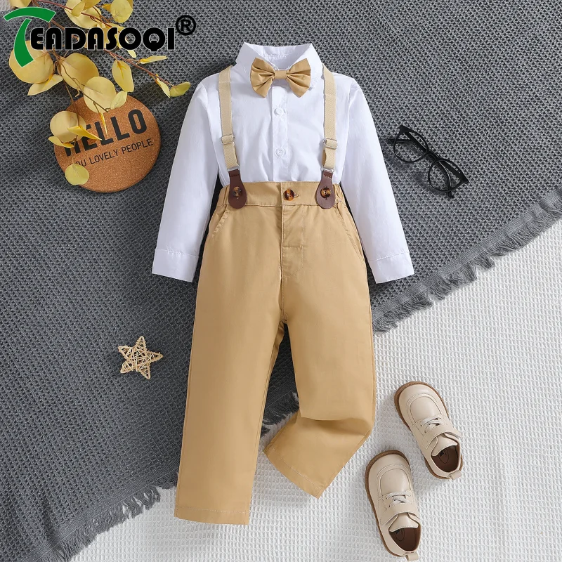 

3-24M Autumn Baby Boy Formal Gentleman Clothes Kids Suit Long Sleeve White Shirt Tops with Bowtie+Suspenders Pants 3Pcs Set