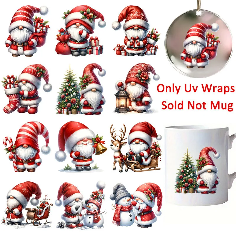 12pcs Christmas Winter Santa Claus Gnome UV DTF Cup Wrap Transfer Sticker Glass Coffee Mugs Decoration Xmas Greeting Cards Decal