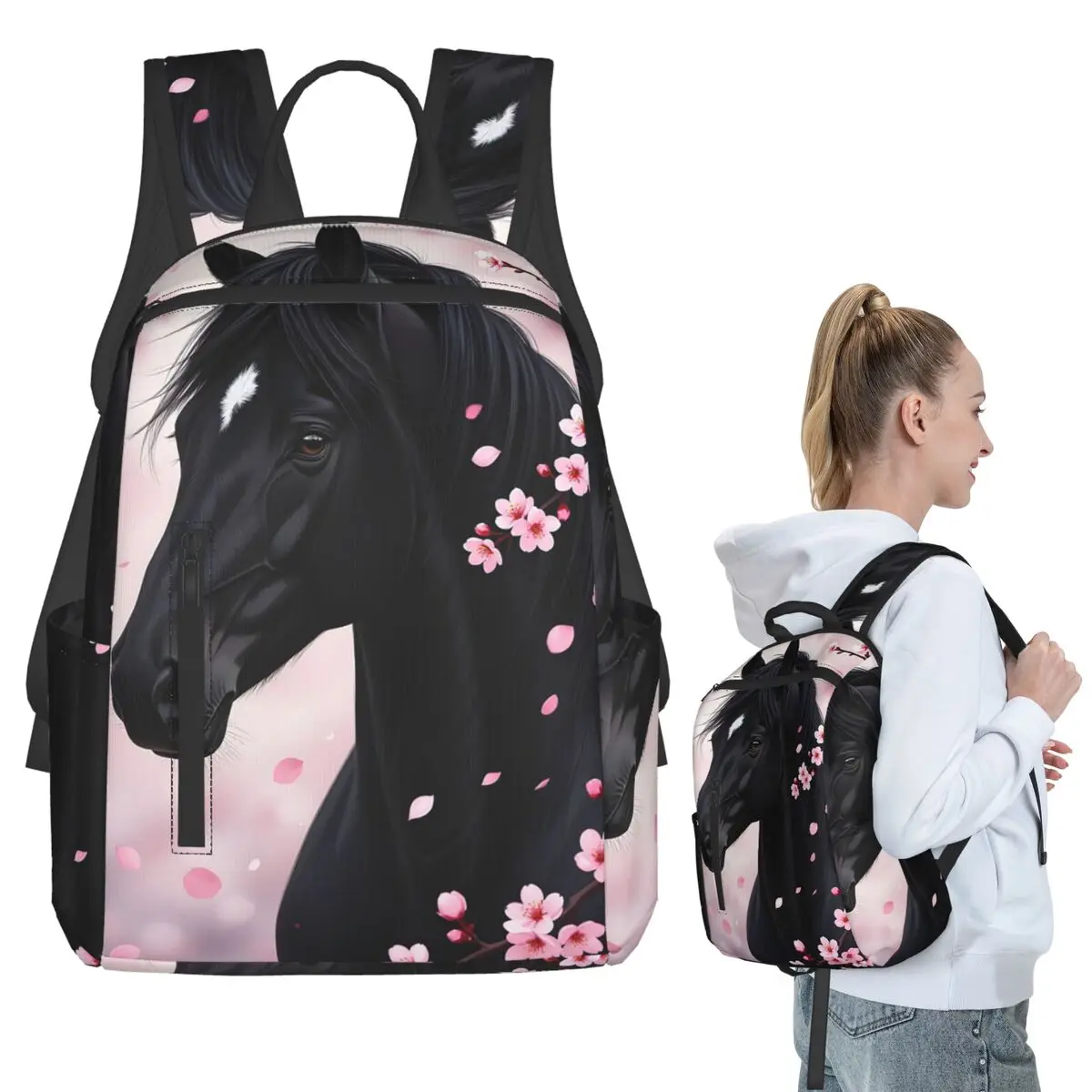 Flowers Surround Black Horse Print Backpack Student BookBag Kids School Bag Computer Shoulder Bags Men Women