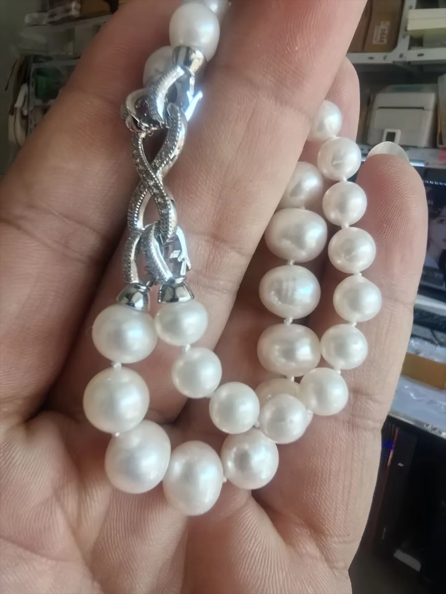 2 rows AAAA+++ 5-6mm 9-10mm Round south sea white pearl plated Silver Simple Double opening elastic bracelet 7.5-8inch