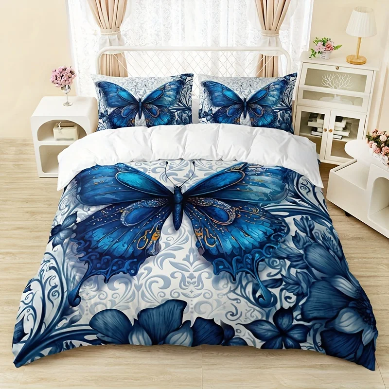 

Duvet Cover Set Fashion Luxury Blue Butterfly Print Bedding Set Soft Comfortable Duvet Cover For Bedroom Guest Room