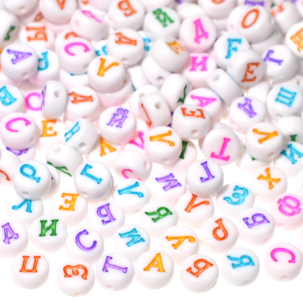 7mm Flat Round Colorful Russian Letters Acrylic Beads White Alphabet Loose Spacer Beads for Needlework Jewelry Making DIY