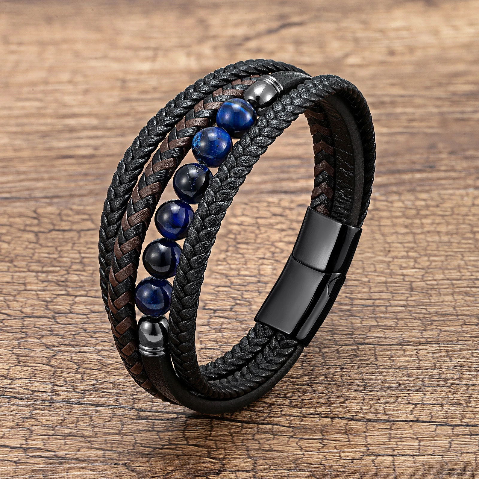 Natürliches Rundes Lavastein-Perlenarmband für Männer, Mehrschichtiges Geflochtenes Lederarmband, Modisches Tigerauge-Schmuckstück, Geschenk für den Freund – Detail 8