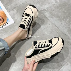 Ladies Slippers 2022 Summer Baotou Half Slippers Woman's Versatile Casual Lace Up Canvas Sports Slippers Platform Shoes Outside