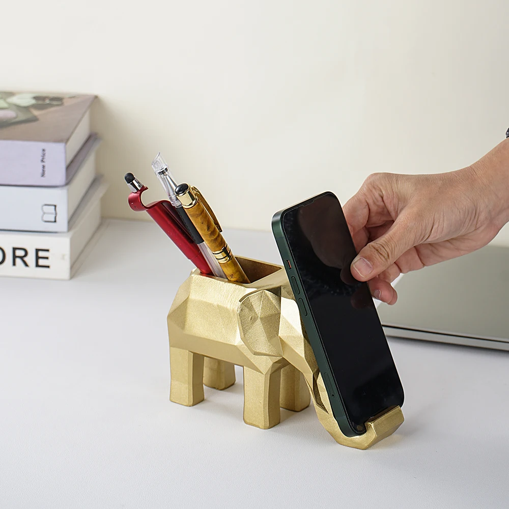 

Geometric Elephant Phone Stand Pen Holder Figurine Desk Decoration for Study Office Resin Ornament Practical Decorative Piece