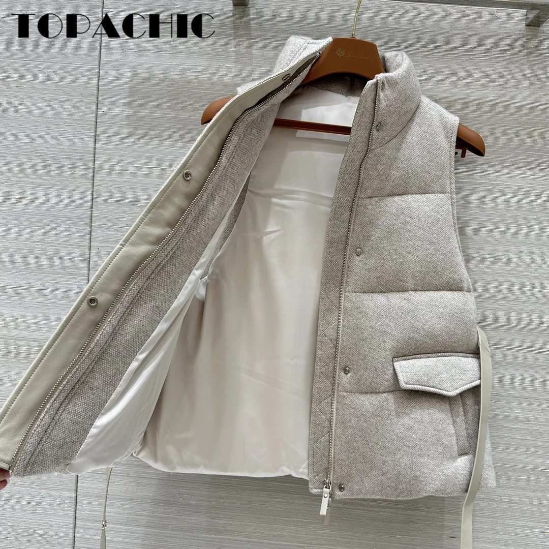 9.9 TOPACHIC-Women Wool Goose Down Vest With Real Leather Sashes  Sequins Cashmere Knit Keep Warm Down Zipper Vest Coat