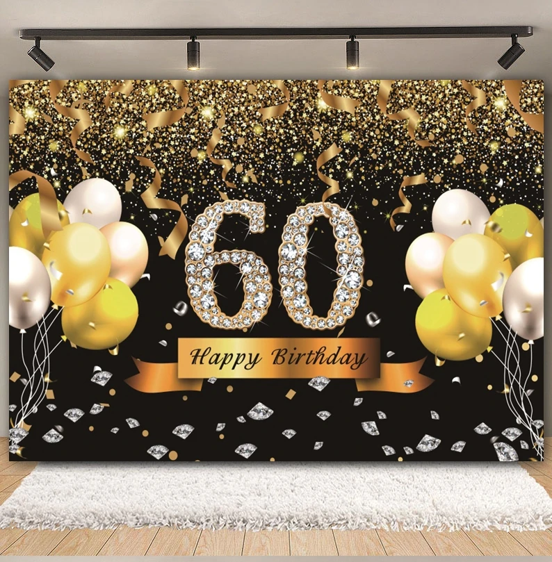 Black and Gold Happy 60 70 80 90th Birthday Backdrop Photography Adults Birthday Party Cake Smash Background Banner Photo Studio