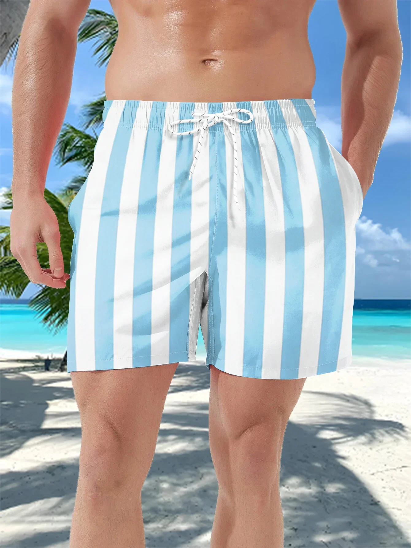 Bañador de Secado Rápido con Rayas Verticales Anchas en Azul Cielo y Blanco, con Cordón Ajustable, Cintura Elástica, Bolsillos Laterales, para Playa y Surf