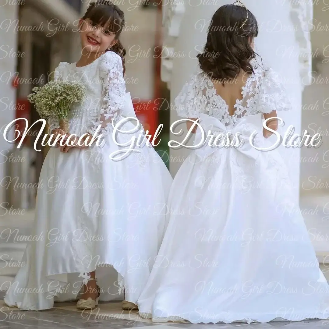 

White Flower Girl Dresses for Wedding Lace Appliques Satin High-Low Length Girls Birthday Communion Party Gowns Customized
