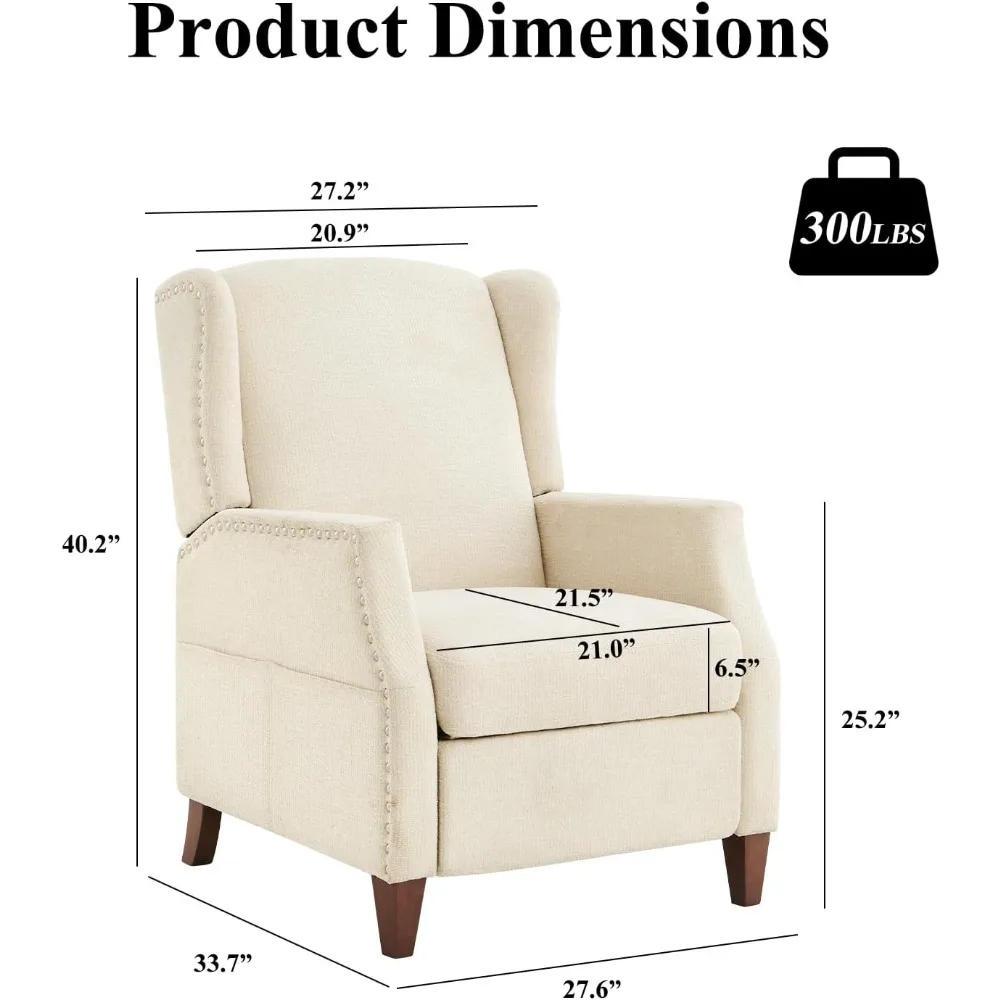 Wingback Pushback Recliner Chair with Storage Pocket, Upholstered Fabric Living Room Chair Armchair with Wood Legs and Na