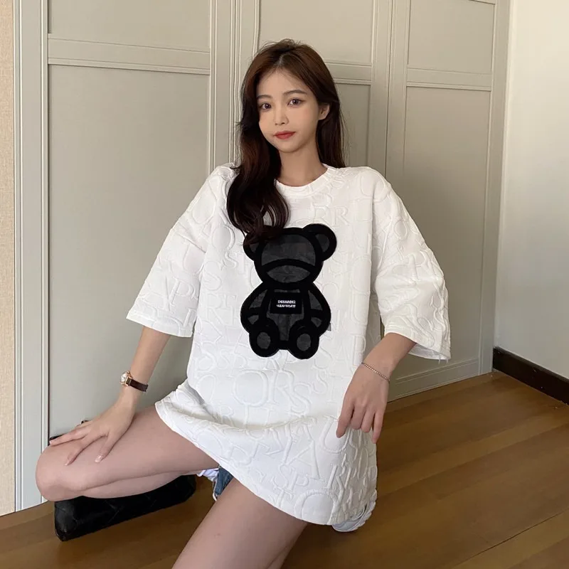 

Short Sleeve T-shirt for Women Korean Version Slouchy Style Embroidered Little Bear Luxury Design Spring and Summer Fashion 2024