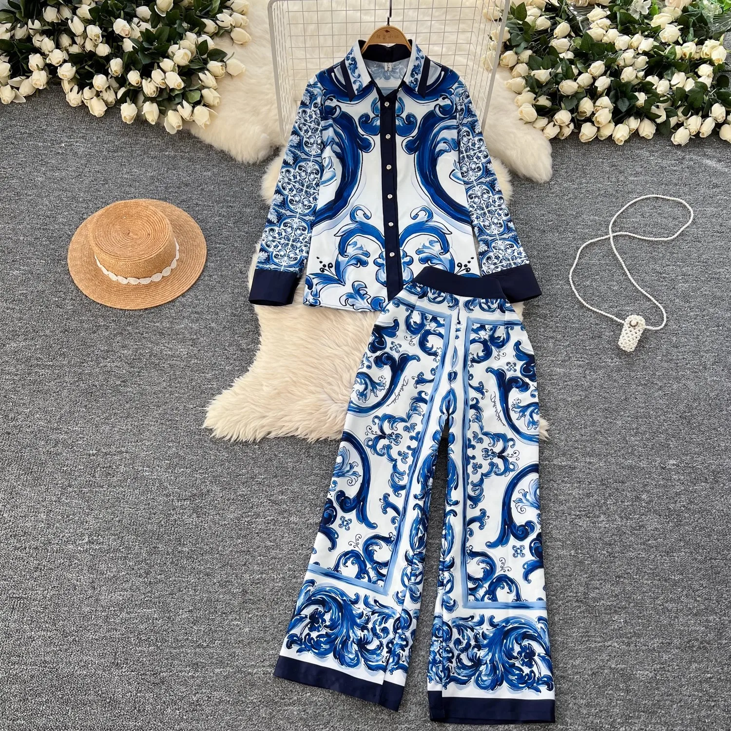 Autumn Runway Red Blue and White Porcelain Pant Two Piece Set Women\'s Lapel Vintage Shirt Top＋Elastic Waist Wide Leg Pant Suits