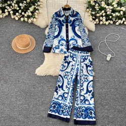 Autumn Runway Red Blue and White Porcelain Pant Two Piece Set Women's Lapel Vintage Shirt Top＋Elastic Waist Wide Leg Pant Suits